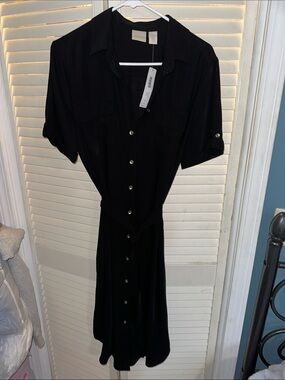 Chico's Black Button-Front Midi Shirt Dress with Tie Waist